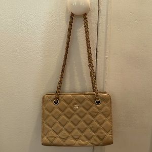 Tan quilted purse. Gold details and gold and tan chain strap